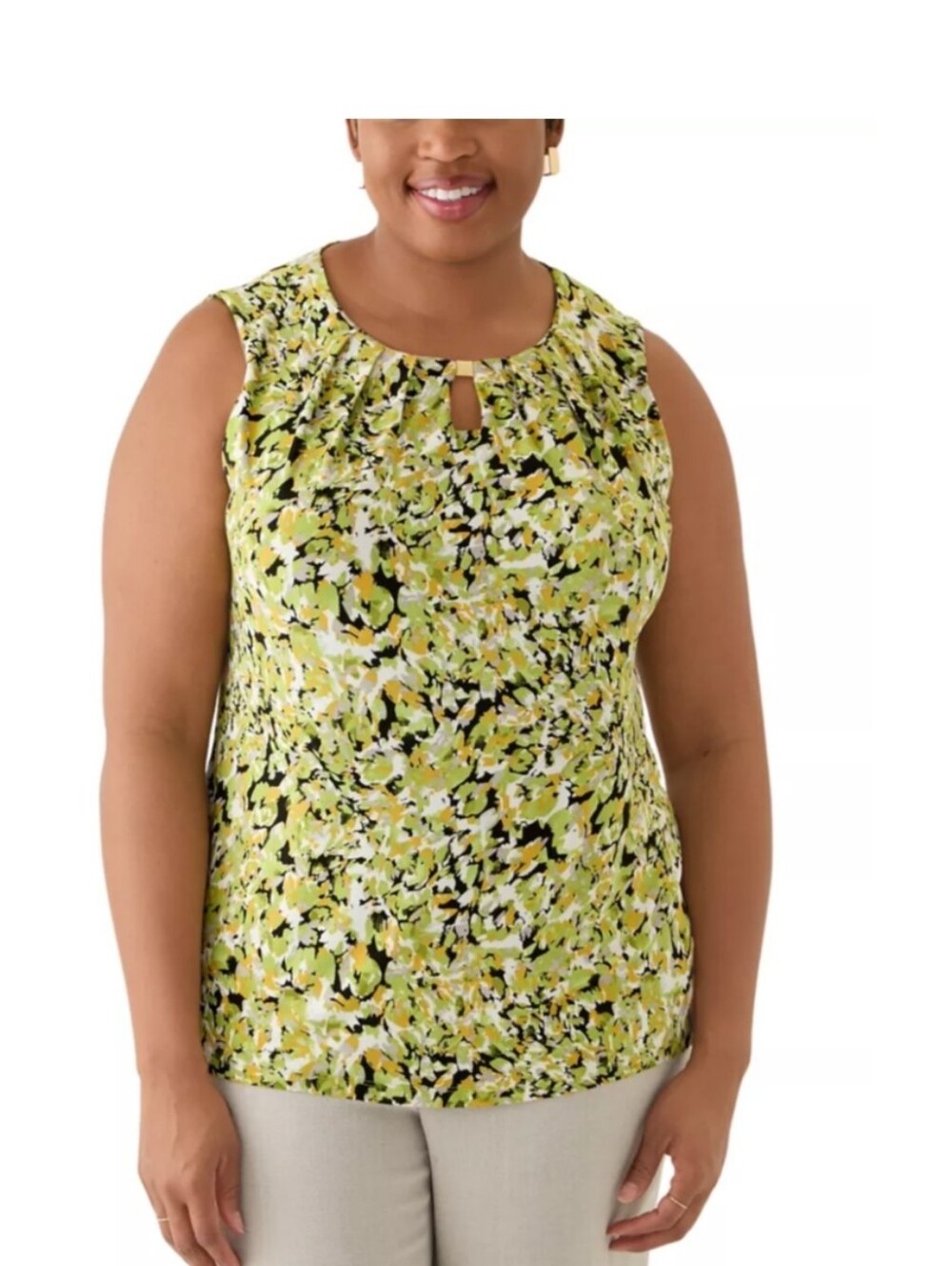NWT Kasper Sleeveless Floral Blouse Top XS Green Yellow Career Office Keyhole